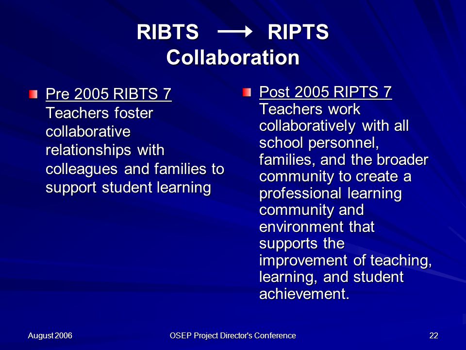 August 2006 OSEP Project Director s Conference 22 RIBTS RIPTS Collaboration Pre 2005 RIBTS 7 Teachers foster collaborative relationships with colleagues and families to support student learning Post 2005 RIPTS 7 Teachers work collaboratively with all school personnel, families, and the broader community to create a professional learning community and environment that supports the improvement of teaching, learning, and student achievement.