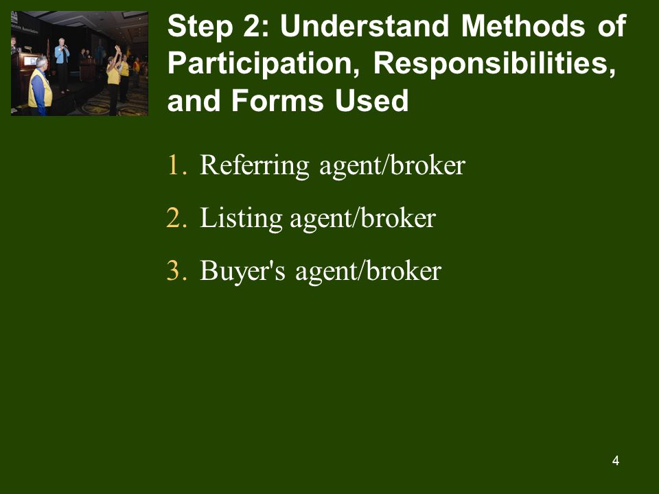 4 Step 2: Understand Methods of Participation, Responsibilities, and Forms Used 1.Referring agent/broker 2.Listing agent/broker 3.Buyer s agent/broker