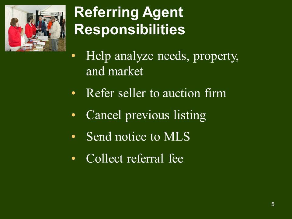 5 Referring Agent Responsibilities Help analyze needs, property, and market Refer seller to auction firm Cancel previous listing Send notice to MLS Collect referral fee