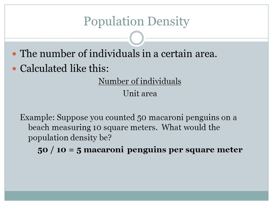 Population Density The number of individuals in a certain area.