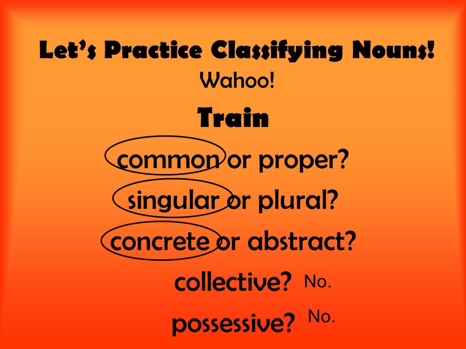 Let’s Practice Classifying Nouns. Wahoo. Train common or proper.