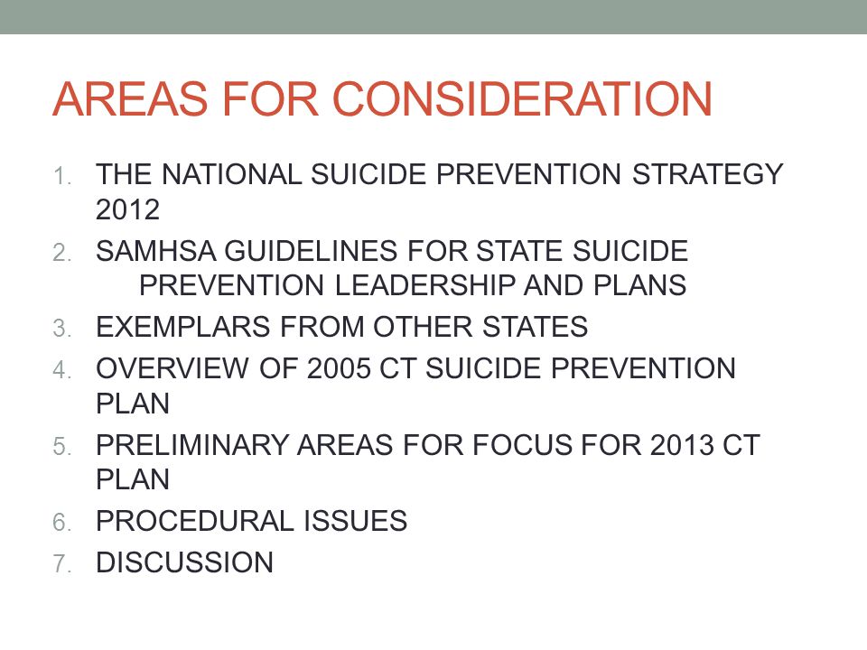 AREAS FOR CONSIDERATION 1. THE NATIONAL SUICIDE PREVENTION STRATEGY