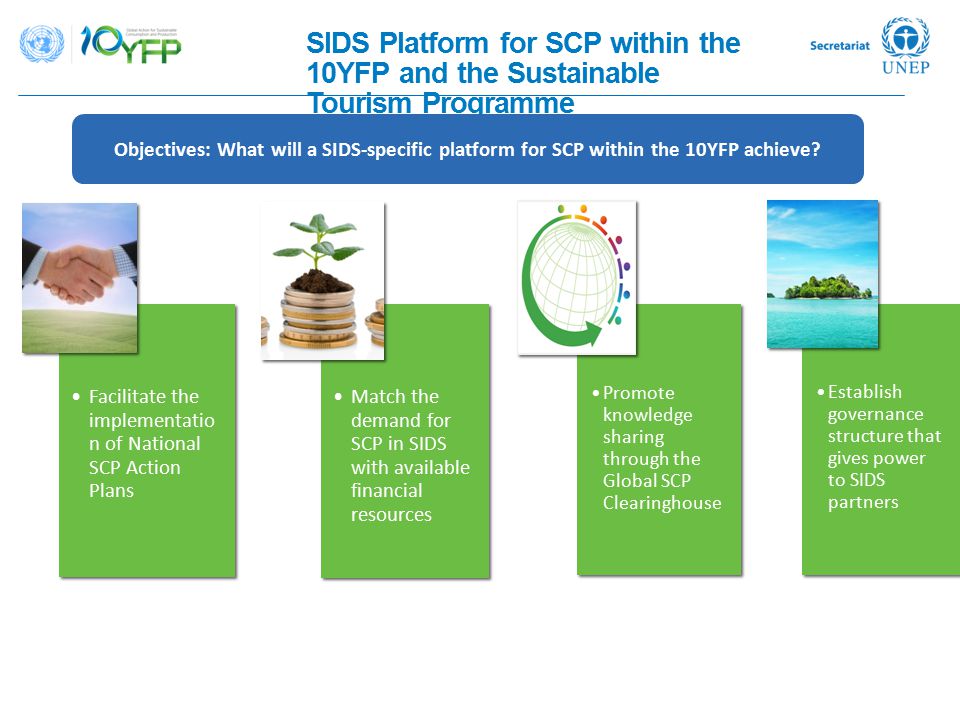SIDS Platform for SCP within the 10YFP and the Sustainable Tourism Programme Objectives: What will a SIDS-specific platform for SCP within the 10YFP achieve.
