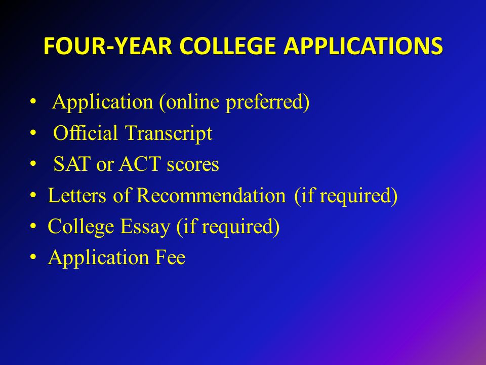 FOUR-YEAR COLLEGE APPLICATIONS Application (online preferred) Official Transcript SAT or ACT scores Letters of Recommendation (if required) College Essay (if required) Application Fee