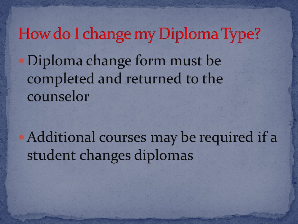 Diploma change form must be completed and returned to the counselor Additional courses may be required if a student changes diplomas