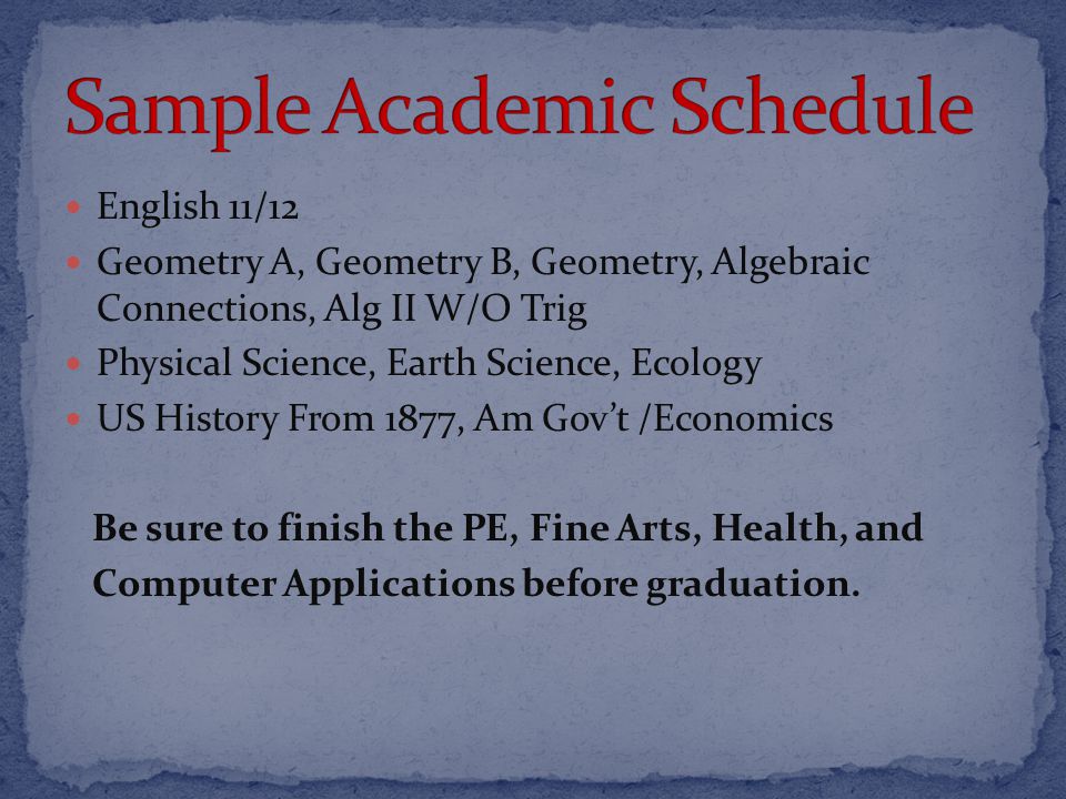 English 11/12 Geometry A, Geometry B, Geometry, Algebraic Connections, Alg II W/O Trig Physical Science, Earth Science, Ecology US History From 1877, Am Gov’t /Economics Be sure to finish the PE, Fine Arts, Health, and Computer Applications before graduation.