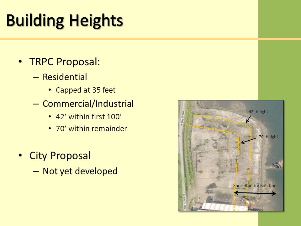 TRPC Proposal: – Residential Capped at 35 feet – Commercial/Industrial 42’ within first 100’ 70’ within remainder City Proposal – Not yet developed.