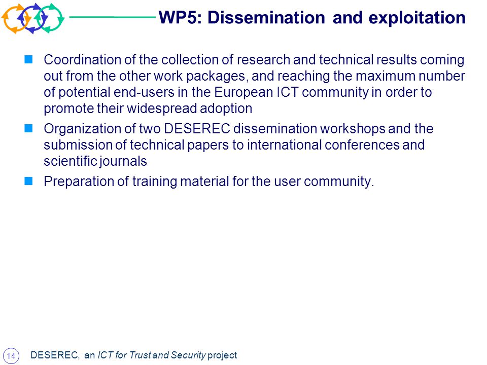 14 DESEREC, an ICT for Trust and Security project WP5: Dissemination and exploitation Coordination of the collection of research and technical results coming out from the other work packages, and reaching the maximum number of potential end-users in the European ICT community in order to promote their widespread adoption Organization of two DESEREC dissemination workshops and the submission of technical papers to international conferences and scientific journals Preparation of training material for the user community.