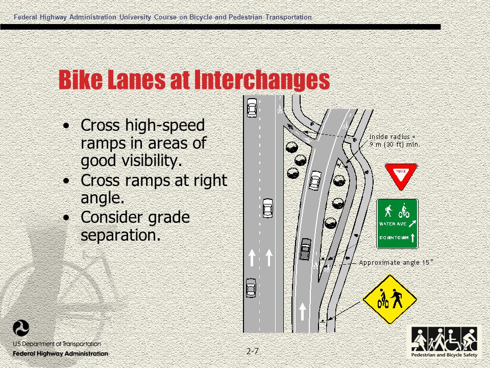 Federal Highway Administration University Course on Bicycle and Pedestrian Transportation 2-7 Bike Lanes at Interchanges Cross high-speed ramps in areas of good visibility.