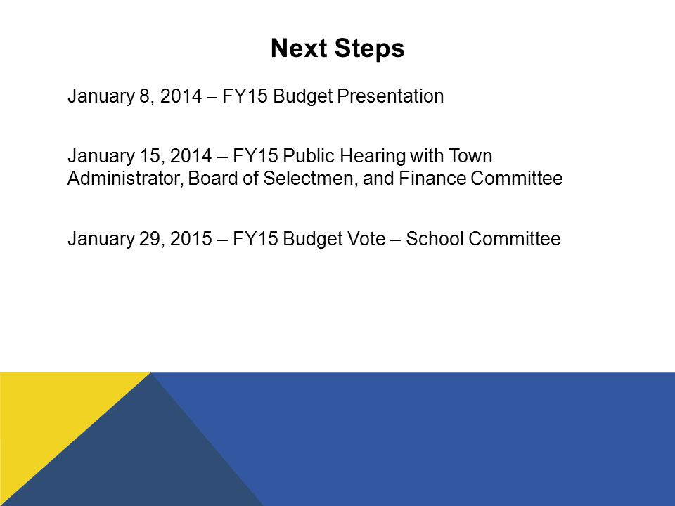 Next Steps January 8, 2014 – FY15 Budget Presentation January 15, 2014 – FY15 Public Hearing with Town Administrator, Board of Selectmen, and Finance Committee January 29, 2015 – FY15 Budget Vote – School Committee