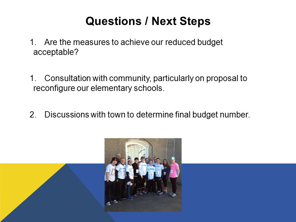 Questions / Next Steps 1.Are the measures to achieve our reduced budget acceptable.