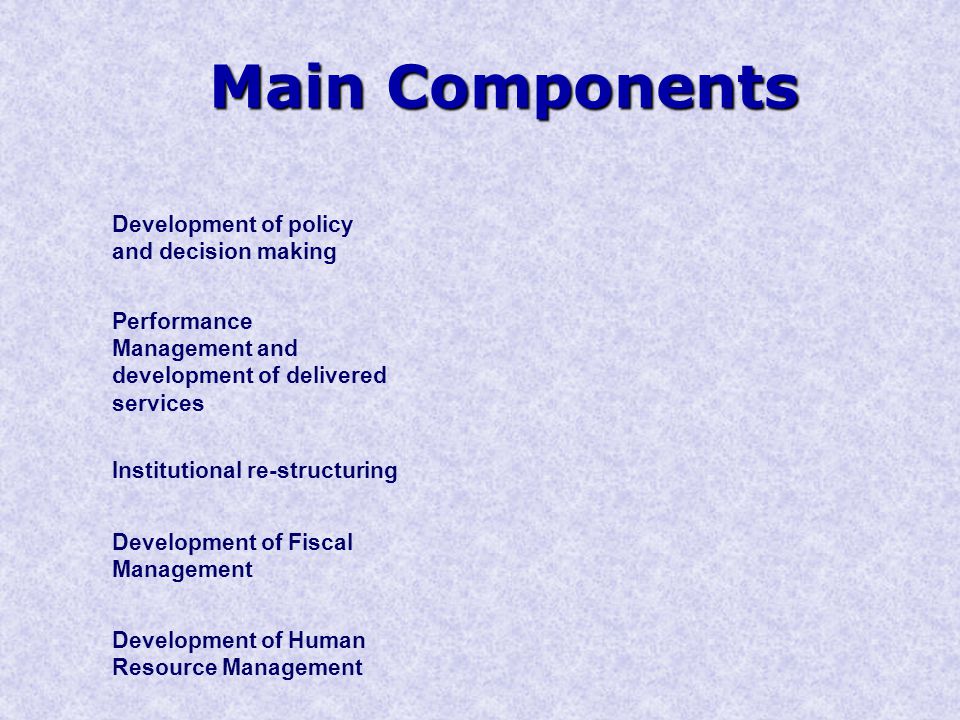 Main Components Development of policy and decision making Performance Management and development of delivered services Institutional re-structuring Development of Human Resource Management Development of Fiscal Management