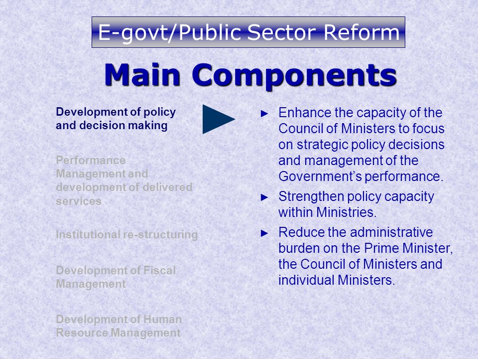 Main Components Development of policy and decision making Performance Management and development of delivered services Institutional re-structuring Development of Human Resource Management Development of Fiscal Management ► Enhance the capacity of the Council of Ministers to focus on strategic policy decisions and management of the Government’s performance.