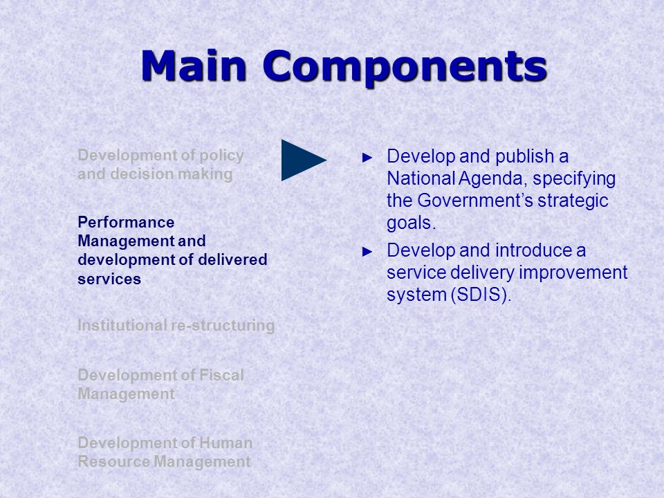 Main Components Development of policy and decision making Performance Management and development of delivered services Institutional re-structuring Development of Human Resource Management Development of Fiscal Management ► Develop and publish a National Agenda, specifying the Government’s strategic goals.
