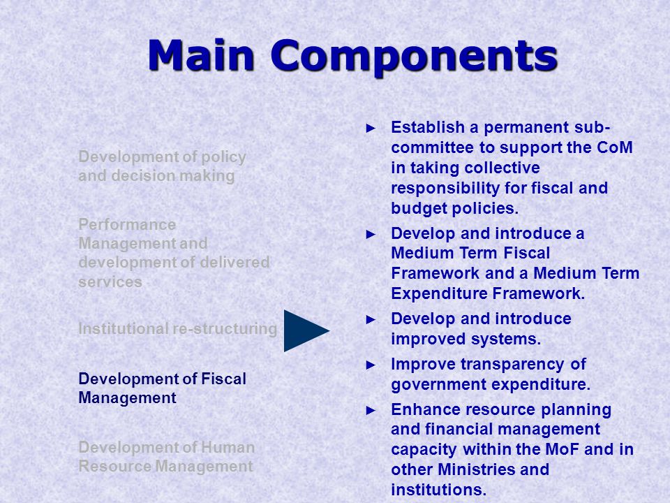 Main Components Development of policy and decision making Performance Management and development of delivered services Institutional re-structuring Development of Human Resource Management Development of Fiscal Management ► Establish a permanent sub- committee to support the CoM in taking collective responsibility for fiscal and budget policies.