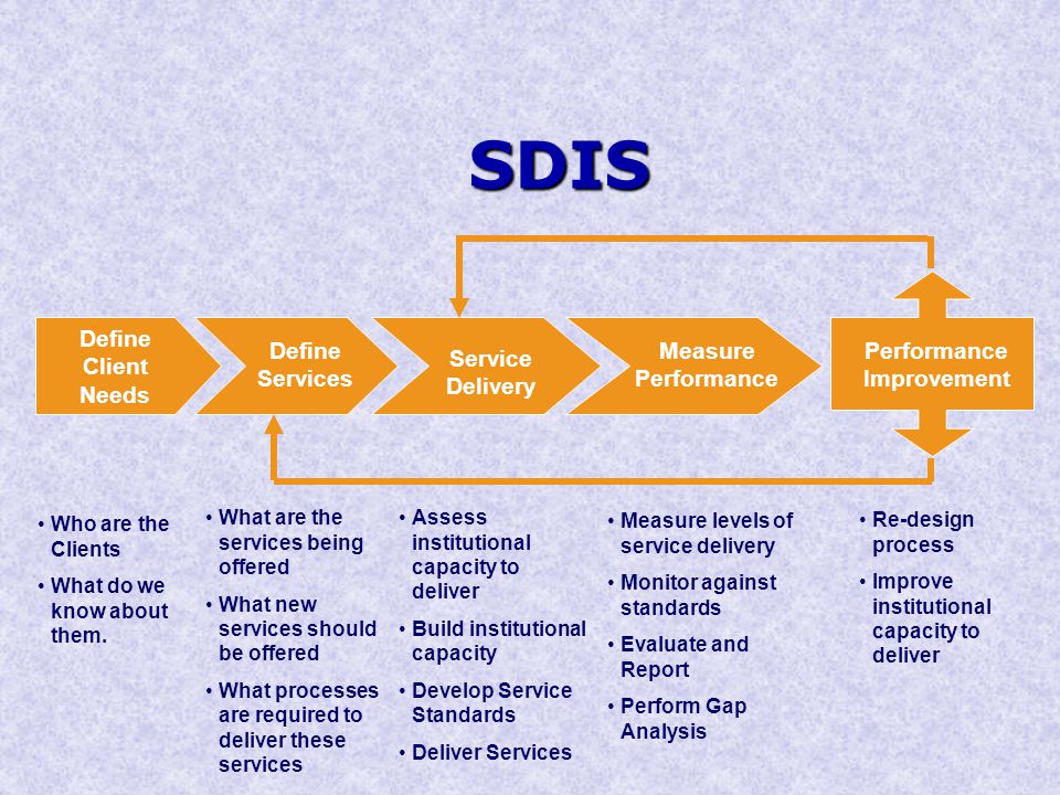 SDIS SDIS Define Client Needs Define Services Measure Performance Performance Improvement Service Delivery Who are the Clients What do we know about them.