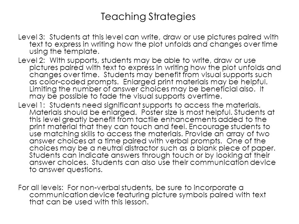 Teaching Strategies Level 3: Students at this level can write, draw or use pictures paired with text to express in writing how the plot unfolds and changes over time using the template.