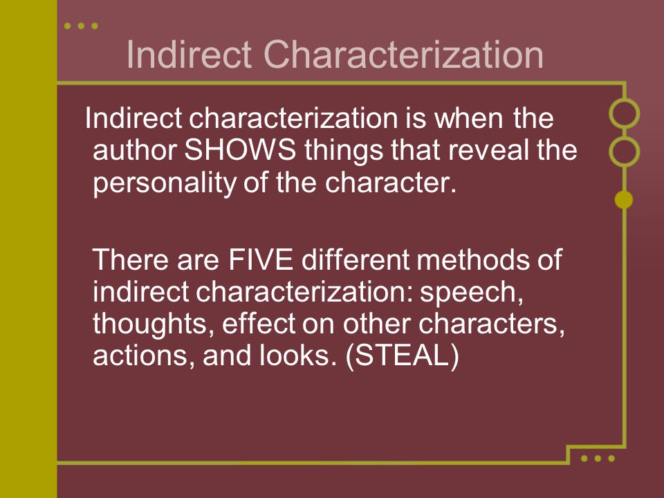 Indirect Characterization Indirect characterization is when the author SHOWS things that reveal the personality of the character.