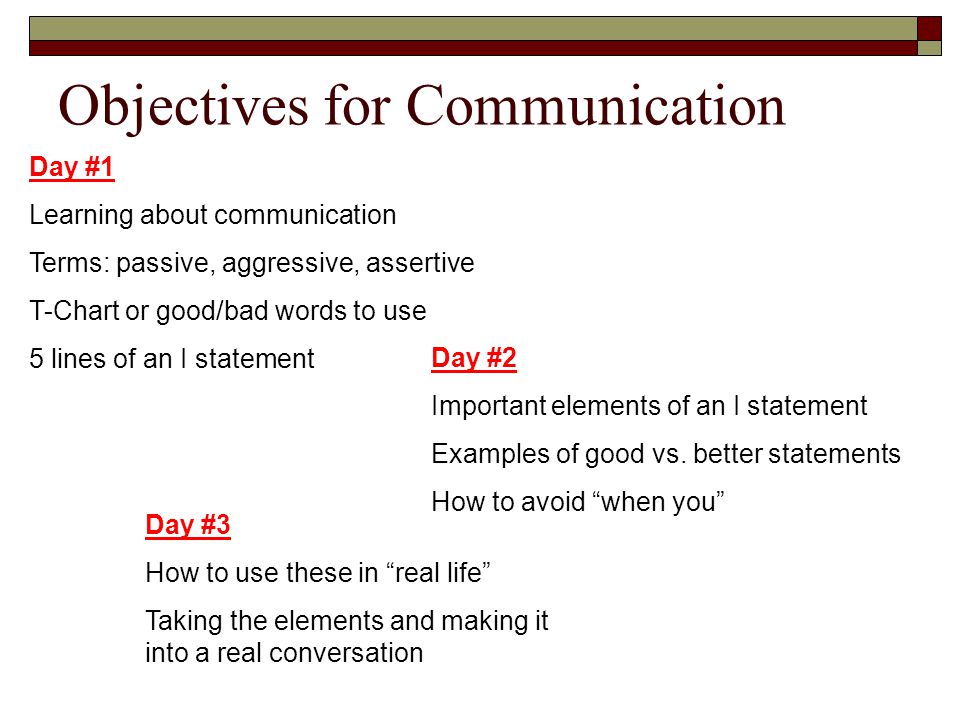Objectives for Communication Day #1 Learning about communication Terms: passive, aggressive, assertive T-Chart or good/bad words to use 5 lines of an I statement Day #2 Important elements of an I statement Examples of good vs.