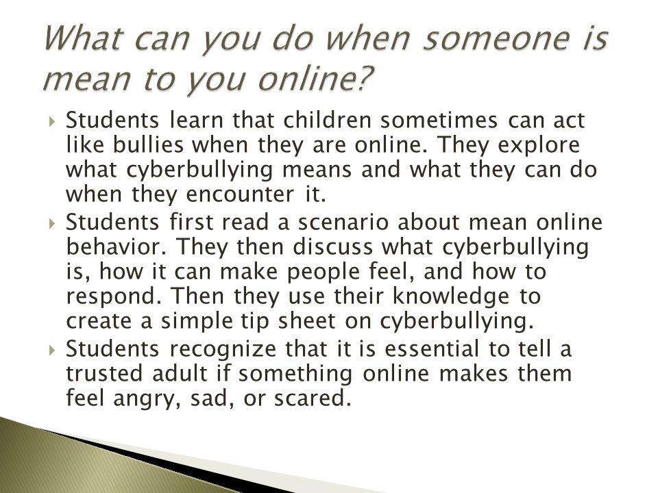  Students learn that children sometimes can act like bullies when they are online.