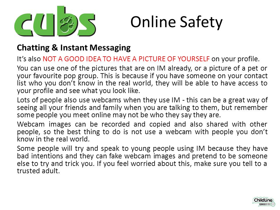 Online Safety Chatting & Instant Messaging It’s also NOT A GOOD IDEA TO HAVE A PICTURE OF YOURSELF on your profile.