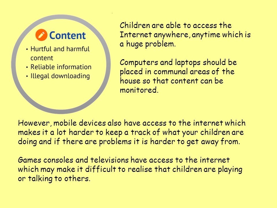 Children are able to access the Internet anywhere, anytime which is a huge problem.