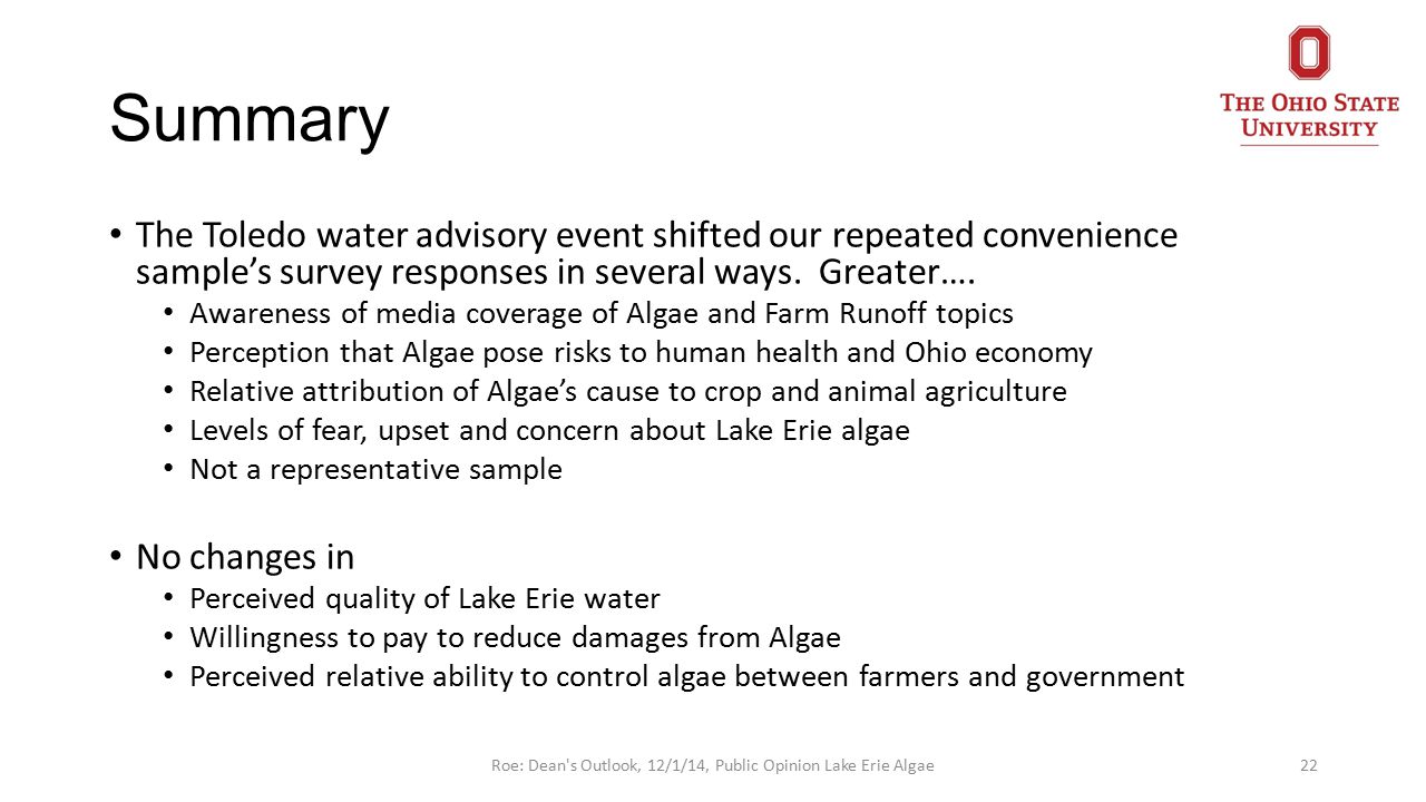 Summary The Toledo water advisory event shifted our repeated convenience sample’s survey responses in several ways.