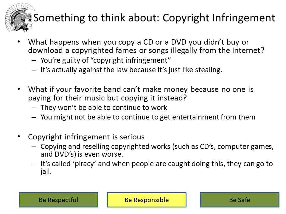 Something to think about: Copyright Infringement What happens when you copy a CD or a DVD you didn’t buy or download a copyrighted fames or songs illegally from the Internet.
