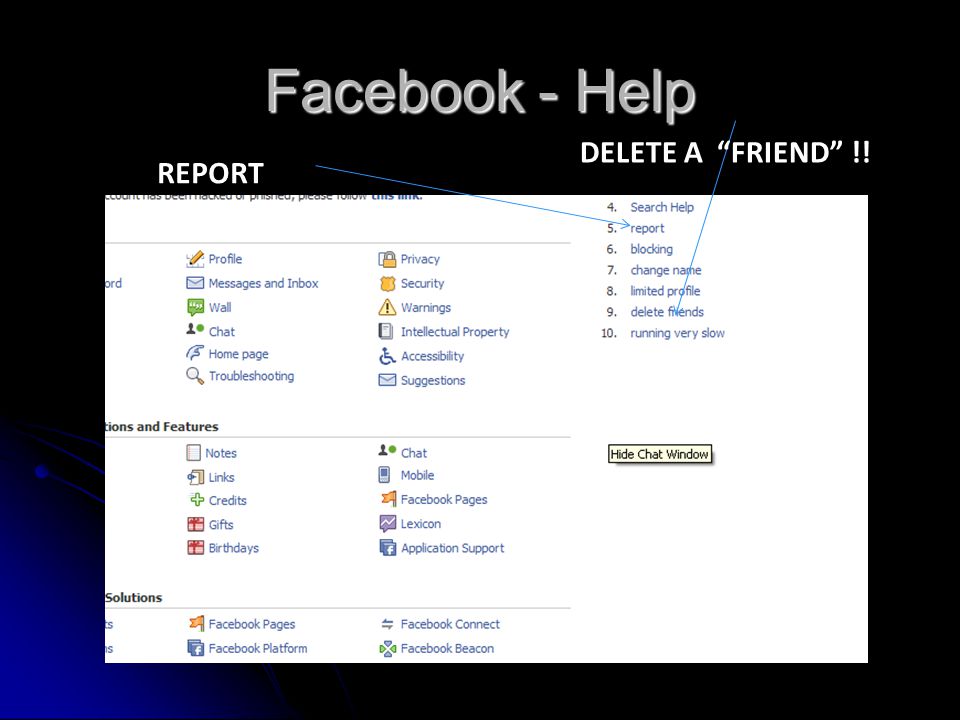 Facebook - Help DELETE A FRIEND !! REPORT