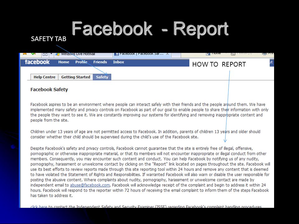 Facebook - Report SAFETY TAB HOW TO REPORT