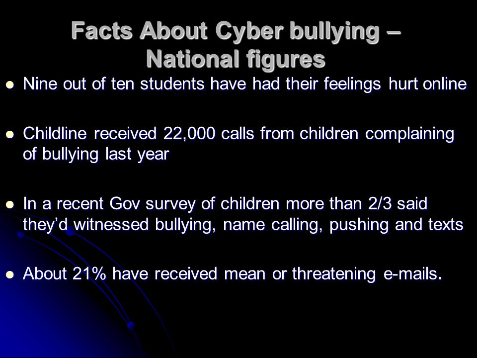 Facts About Cyber bullying – National figures Nine out of ten students have had their feelings hurt online Nine out of ten students have had their feelings hurt online Childline received 22,000 calls from children complaining of bullying last year Childline received 22,000 calls from children complaining of bullying last year In a recent Gov survey of children more than 2/3 said they’d witnessed bullying, name calling, pushing and texts In a recent Gov survey of children more than 2/3 said they’d witnessed bullying, name calling, pushing and texts About 21% have received mean or threatening  s.