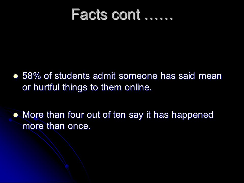 Facts cont …… 58% of students admit someone has said mean or hurtful things to them online.