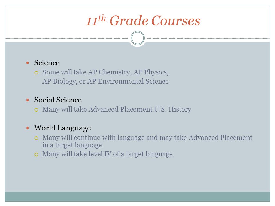 11 th Grade Courses Science  Some will take AP Chemistry, AP Physics, AP Biology, or AP Environmental Science Social Science  Many will take Advanced Placement U.S.
