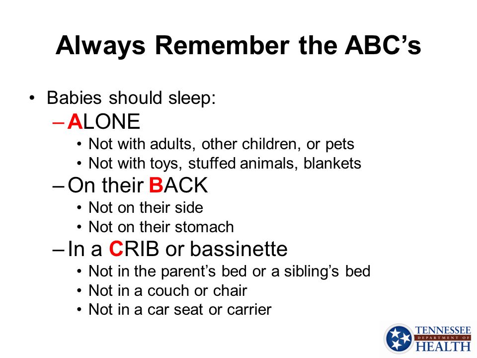 Always Remember the ABC’s Babies should sleep: –ALONE Not with adults, other children, or pets Not with toys, stuffed animals, blankets –On their BACK Not on their side Not on their stomach –In a CRIB or bassinette Not in the parent’s bed or a sibling’s bed Not in a couch or chair Not in a car seat or carrier