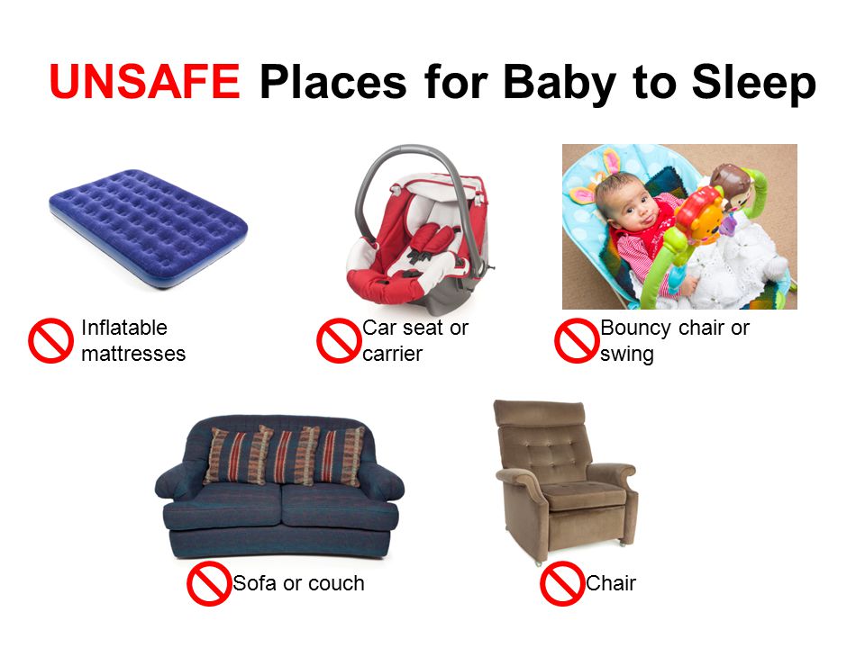 UNSAFE Places for Baby to Sleep Inflatable mattresses Car seat or carrier Sofa or couchChair Bouncy chair or swing