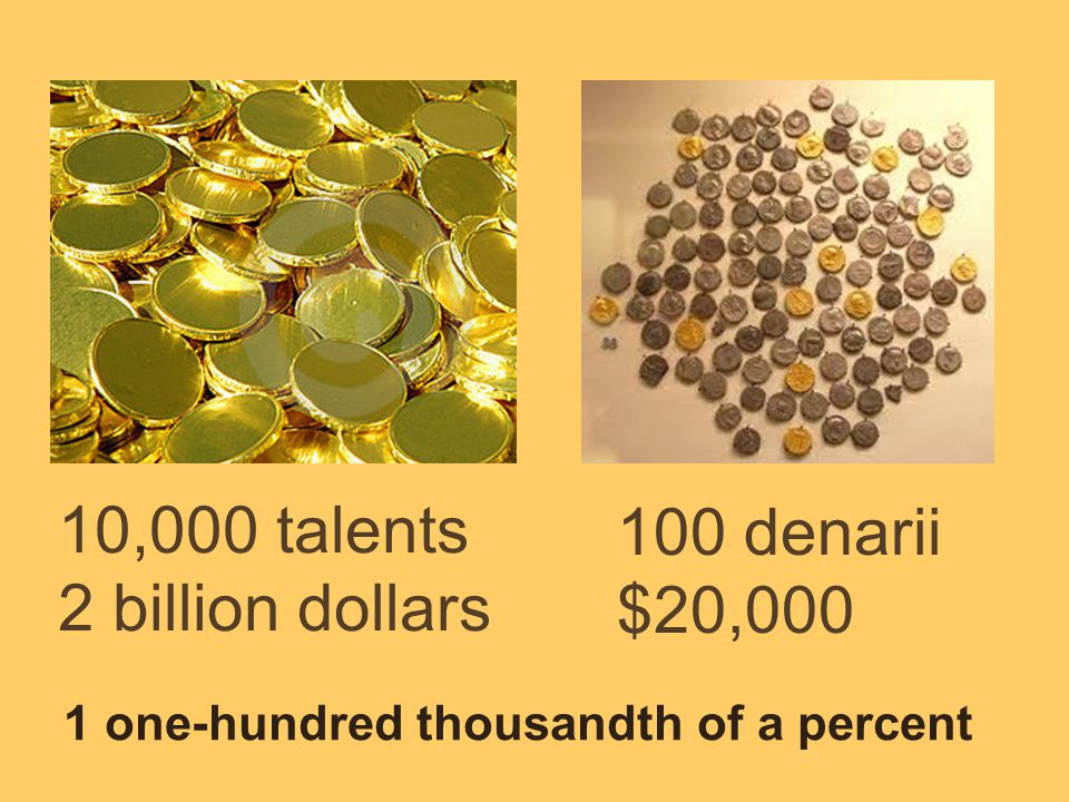 10,000 talents 2 billion dollars 100 denarii $20,000 1 one-hundred thousandth of a percent