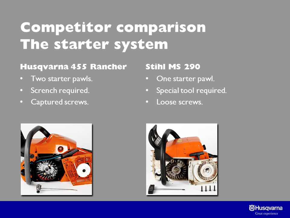 Competitor comparison The starter system Husqvarna 455 Rancher Two starter pawls.