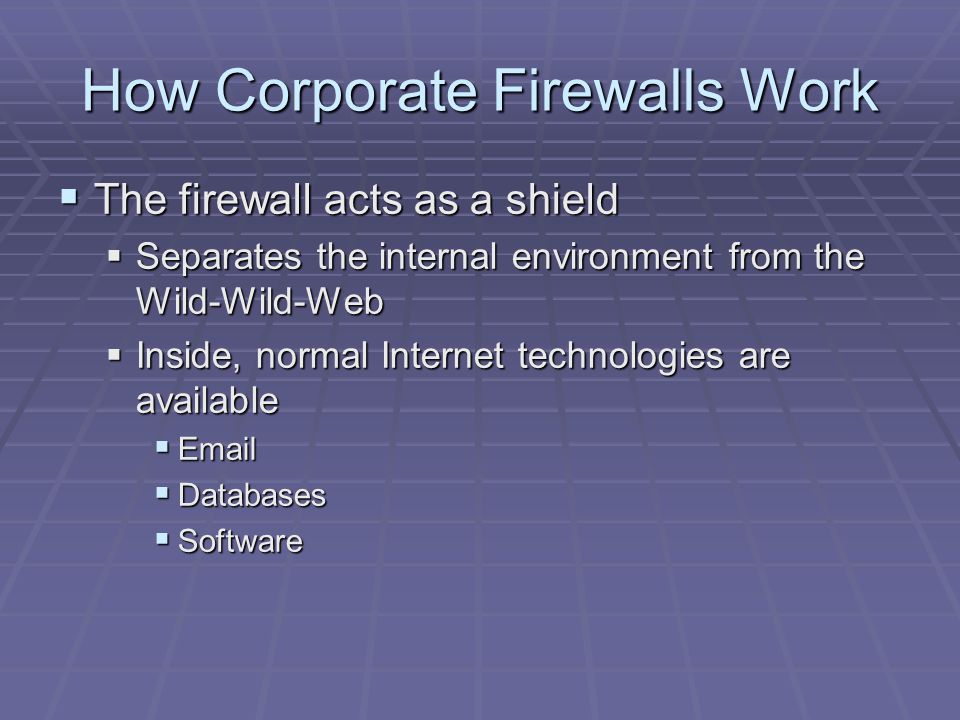 How Corporate Firewalls Work  The firewall acts as a shield  Separates the internal environment from the Wild-Wild-Web  Inside, normal Internet technologies are available    Databases  Software