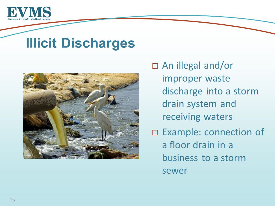  An illegal and/or improper waste discharge into a storm drain system and receiving waters  Example: connection of a floor drain in a business to a storm sewer Illicit Discharges 15