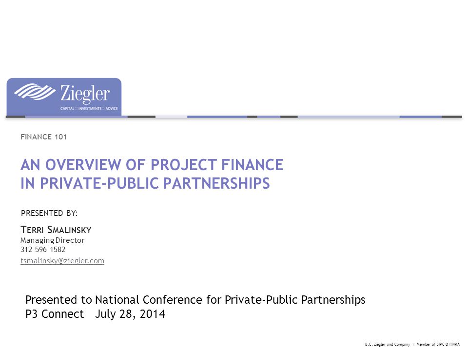 AN OVERVIEW OF PROJECT FINANCE IN PRIVATE-PUBLIC PARTNERSHIPS FINANCE 101 T ERRI S MALINSKY Managing Director B.C.