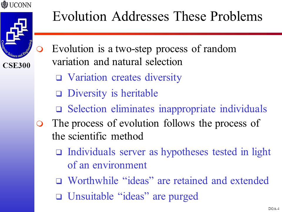 CSE298 CSE300 DGA-4 CSE300 Evolution Addresses These Problems  Evolution is a two-step process of random variation and natural selection  Variation creates diversity  Diversity is heritable  Selection eliminates inappropriate individuals  The process of evolution follows the process of the scientific method  Individuals server as hypotheses tested in light of an environment  Worthwhile ideas are retained and extended  Unsuitable ideas are purged