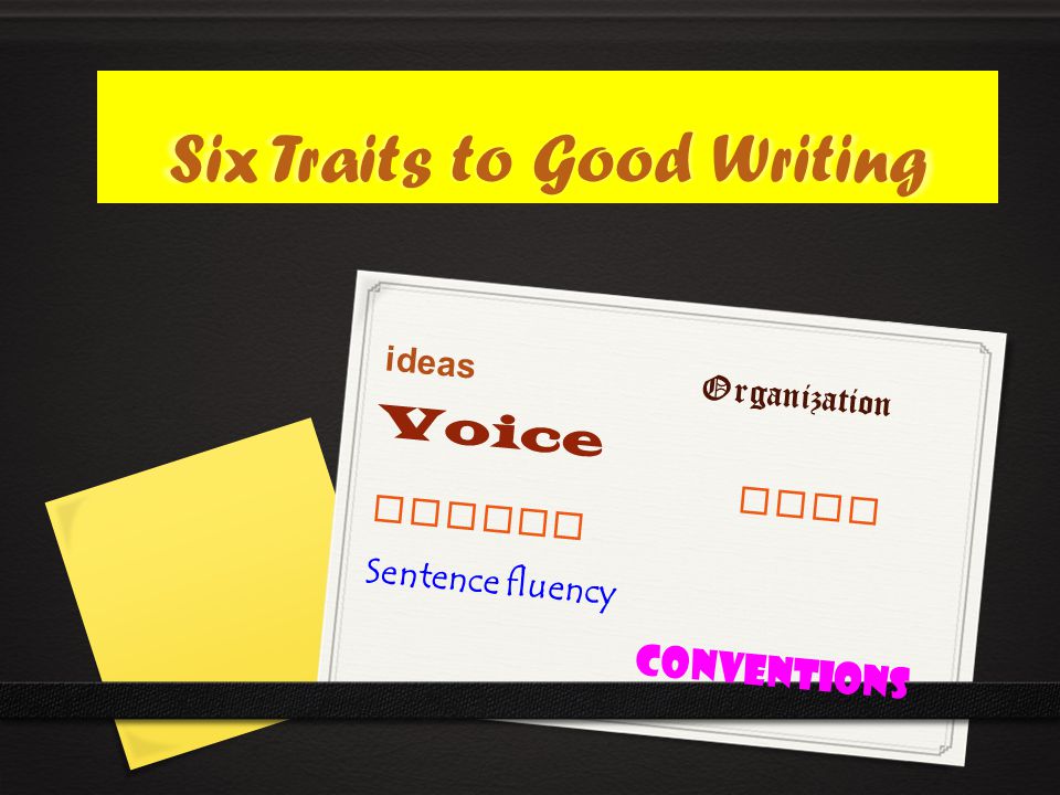 Six Traits to Good Writing ideas Organization Voice word choice Sentence fluency conventions