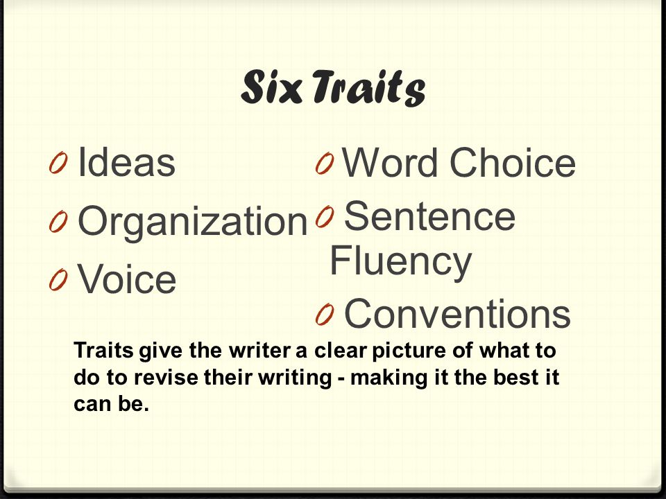 Six Traits 0 Ideas 0 Organization 0 Voice 0 Word Choice 0 Sentence Fluency 0 Conventions Traits give the writer a clear picture of what to do to revise their writing - making it the best it can be.
