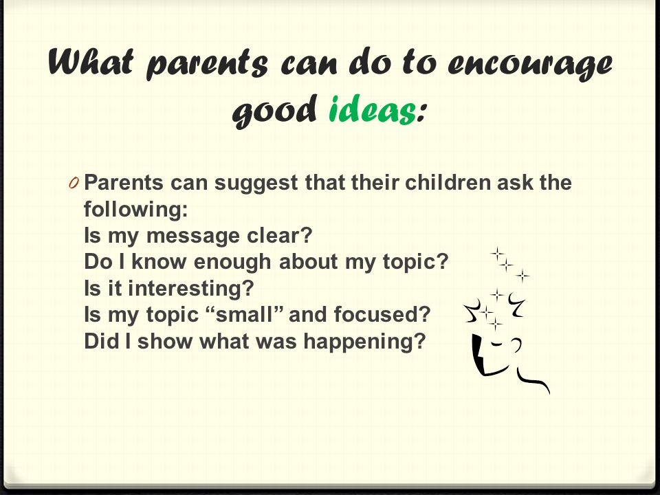 What parents can do to encourage good ideas: 0 Parents can suggest that their children ask the following: Is my message clear.