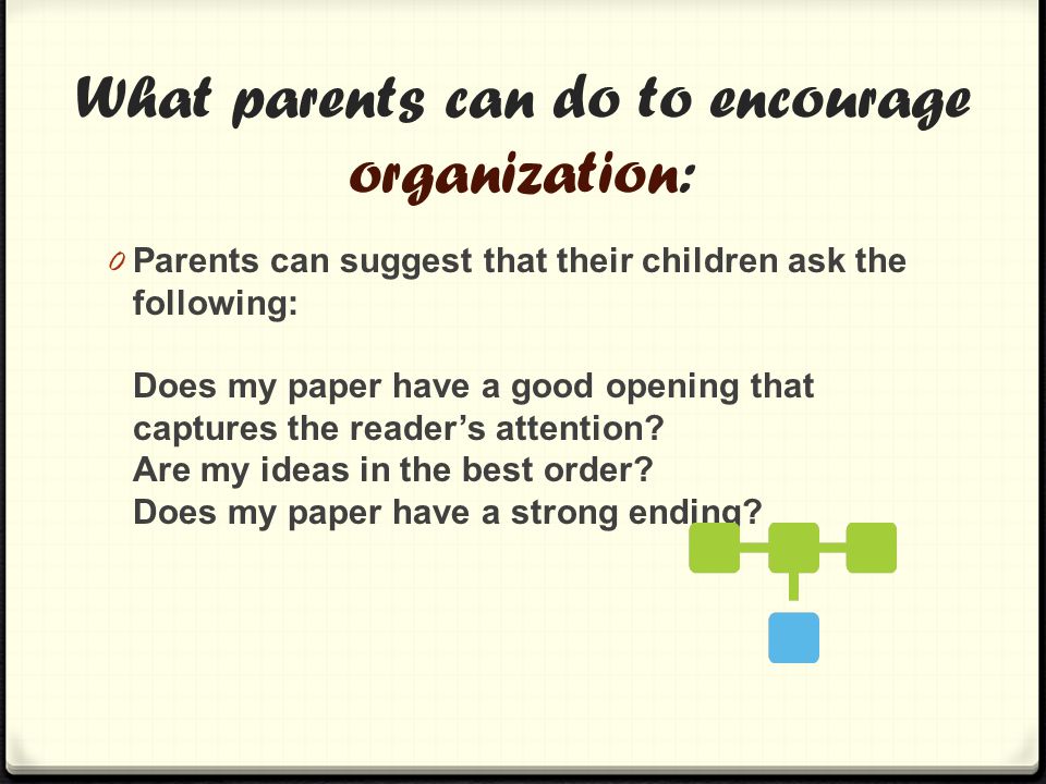 What parents can do to encourage organization: 0 Parents can suggest that their children ask the following: Does my paper have a good opening that captures the reader’s attention.