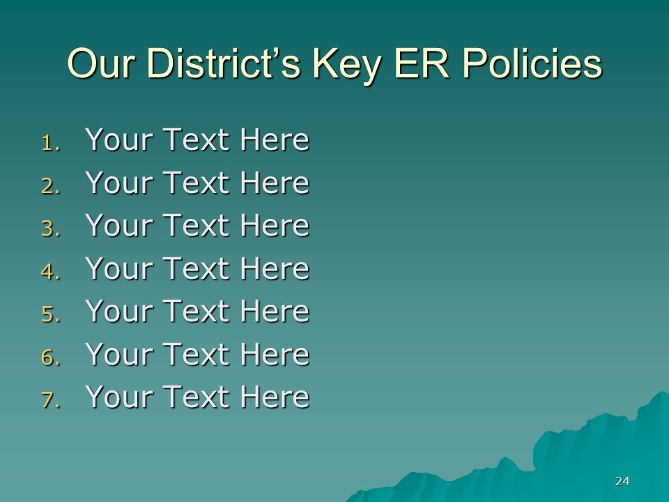 24 Our District’s Key ER Policies 1. Your Text Here 2.