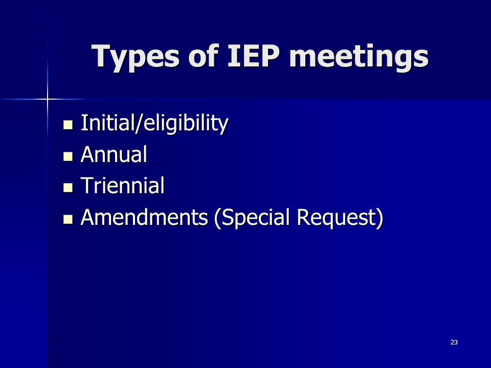 23 Types of IEP meetings Initial/eligibility Initial/eligibility Annual Annual Triennial Triennial Amendments (Special Request) Amendments (Special Request)