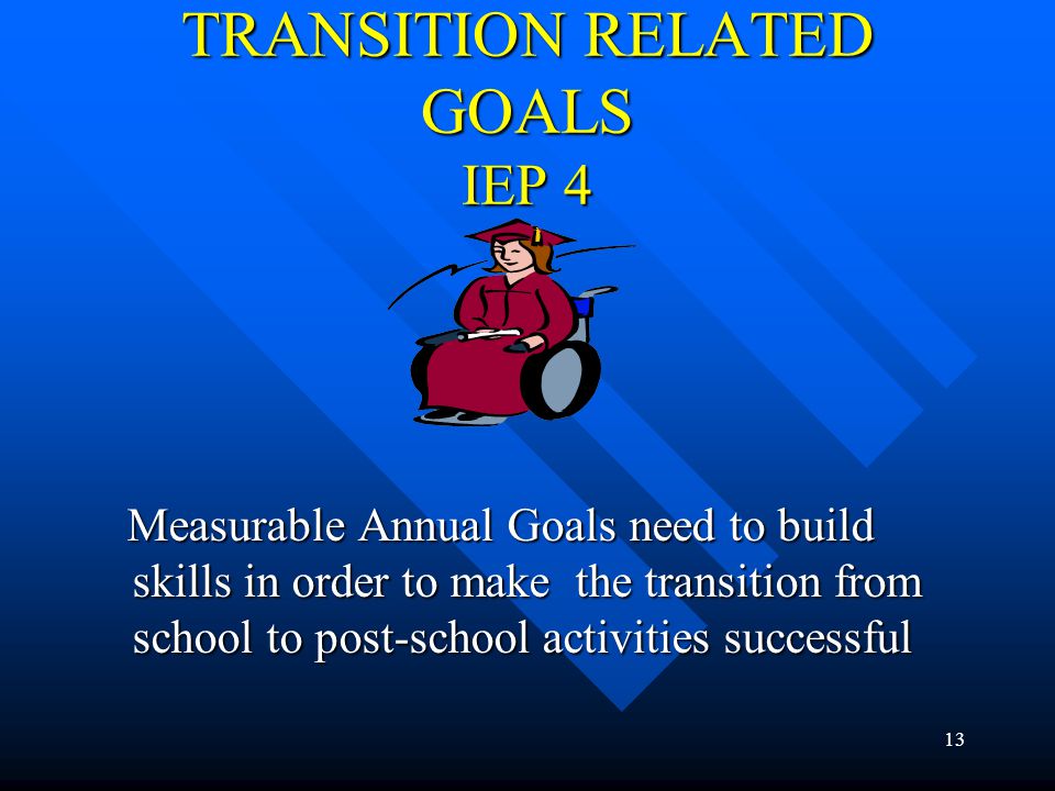 13 TRANSITION RELATED GOALS IEP 4 Measurable Annual Goals need to build skills in order to make the transition from school to post-school activities successful