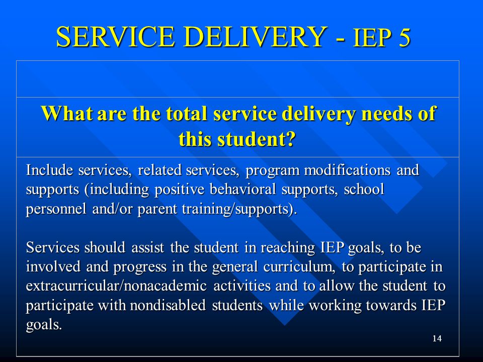 14 SERVICE DELIVERY - IEP 5 What are the total service delivery needs of this student.