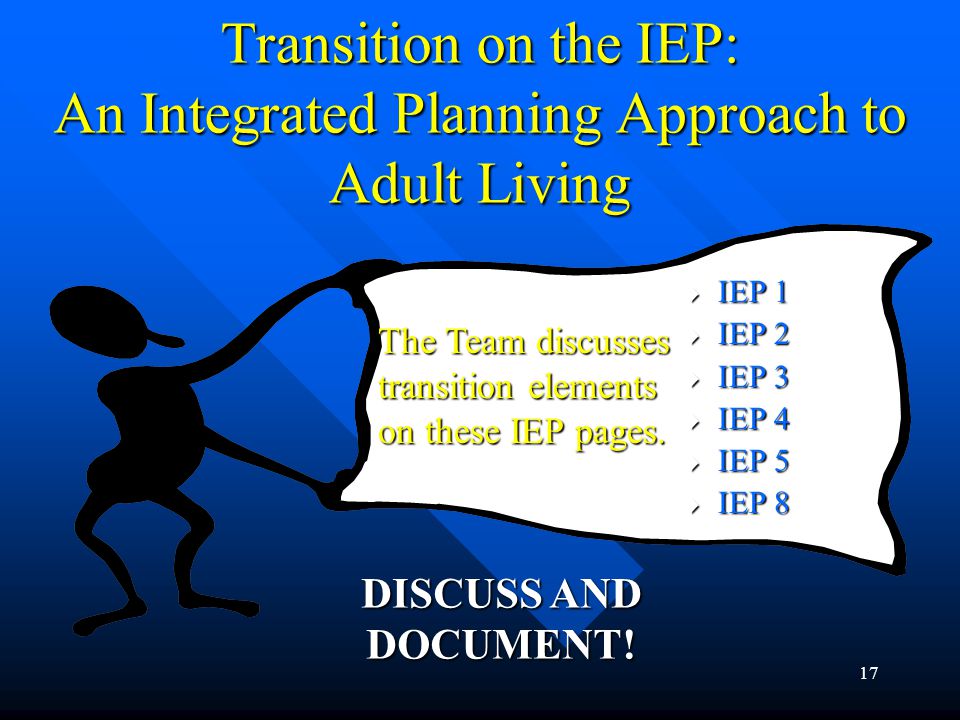 17 Transition on the IEP: An Integrated Planning Approach to Adult Living  IEP 1  IEP 2  IEP 3  IEP 4  IEP 5  IEP 8 The Team discusses transition elements on these IEP pages.